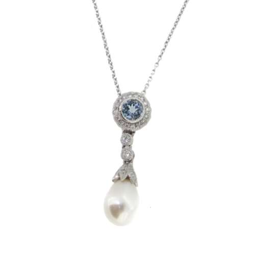 Aquamarine, Diamond & Pearl Necklace